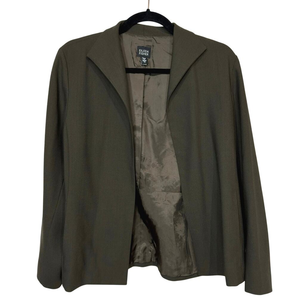 Eileen Fisher Wool Open Front Blazer Small Green Lined Sophisticated Comfort